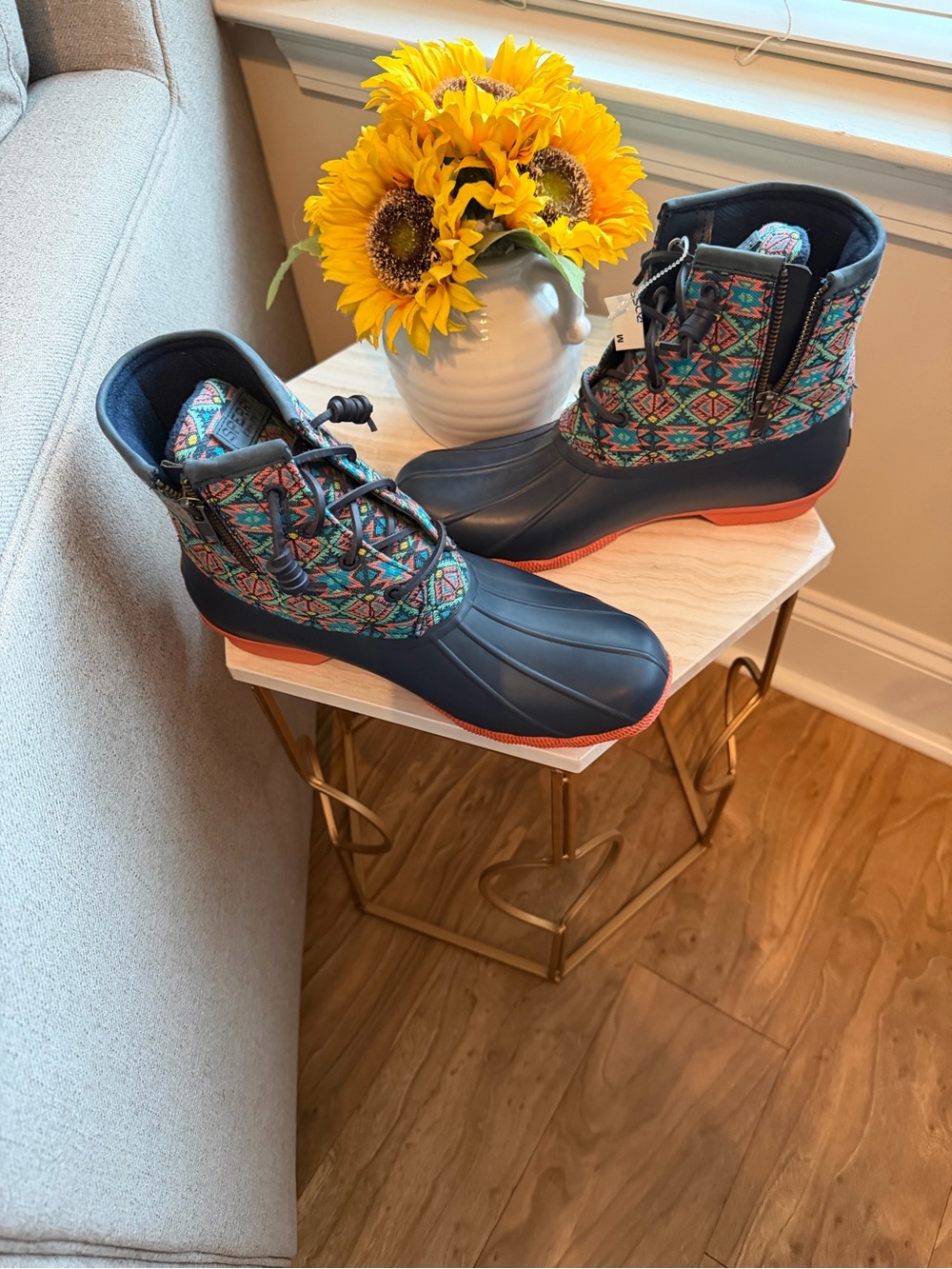 L.L. Bean Navy and Orange Patterned Waterproof Ankle Boots